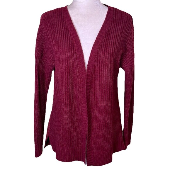 Women’s Burgundy Open Front Chunky Sweater w/ Lace-Up Back Cozy Minimalist Sz M - Picture 1 of 9